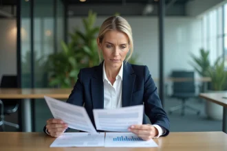 Femme cadre comparant deux rapports d'entreprise sur un bureau en open space moderne