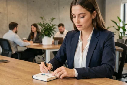 Femme professionnelle écrivant dans un carnet A6 personnalisé aux couleurs d'une entreprise, posé sur un bureau en bois dans un open space moderne