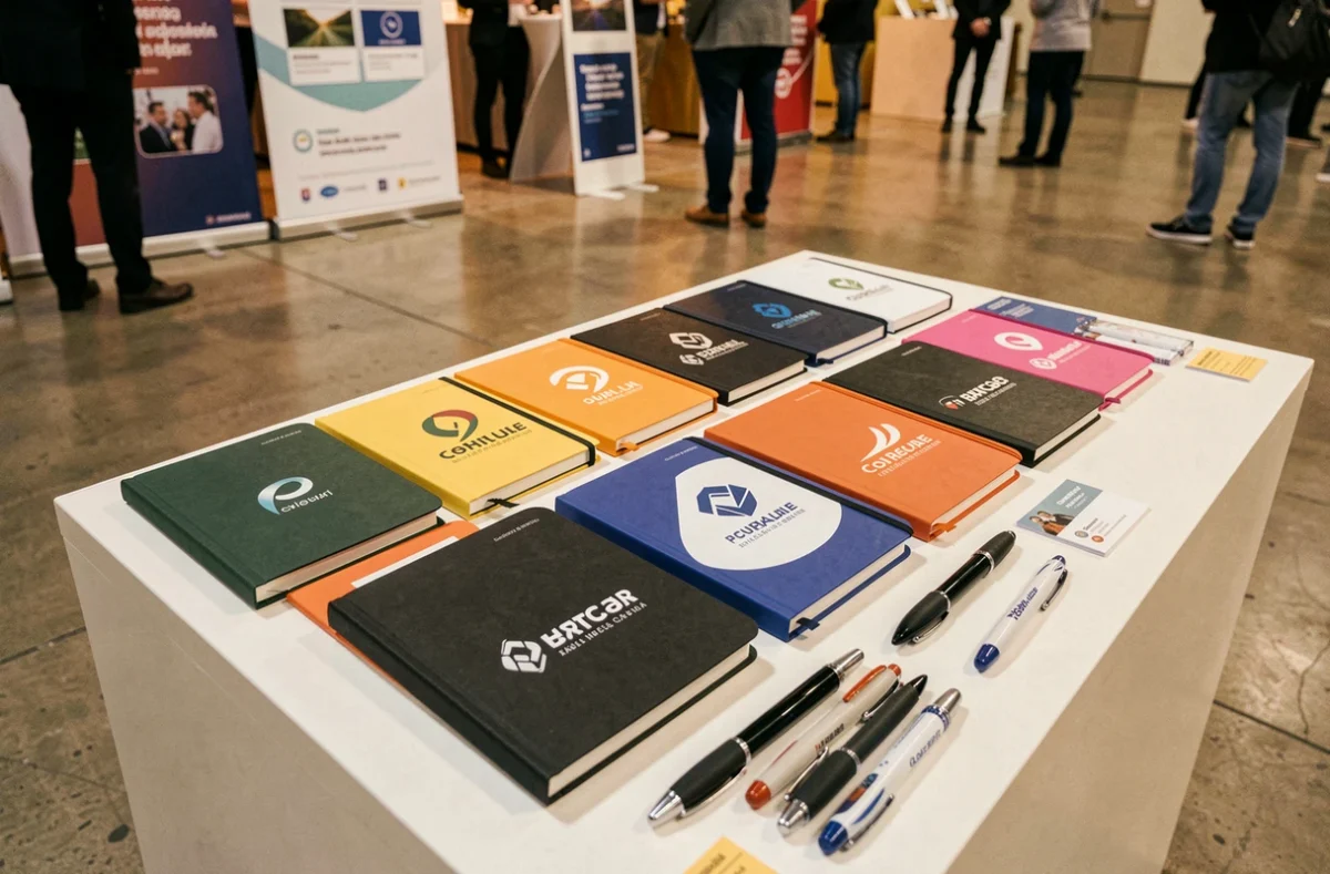 Assortiment de carnets A6 personnalisés avec différents logos d'entreprise disposés sur une table de salon professionnel lors d'un événement commercial