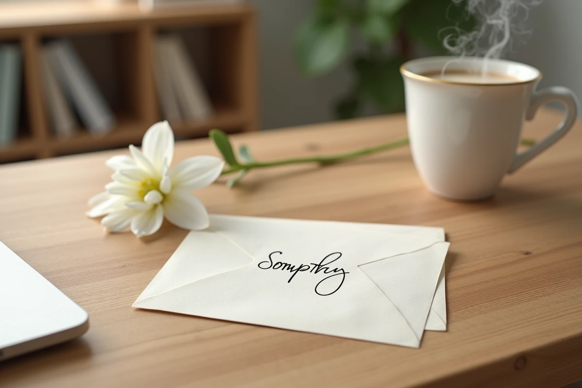 Carte de condoléances écrite à la main posée sur un bureau en bois avec une fleur blanche et un café, ambiance professionnelle sobre