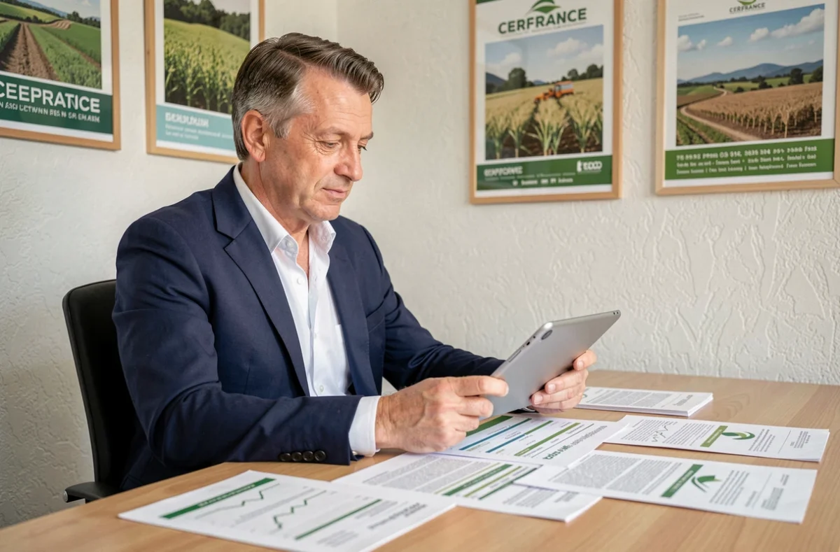 Expert-comptable de Cerfrance Seine Normandie conseillant un client agricole dans un bureau professionnel normand