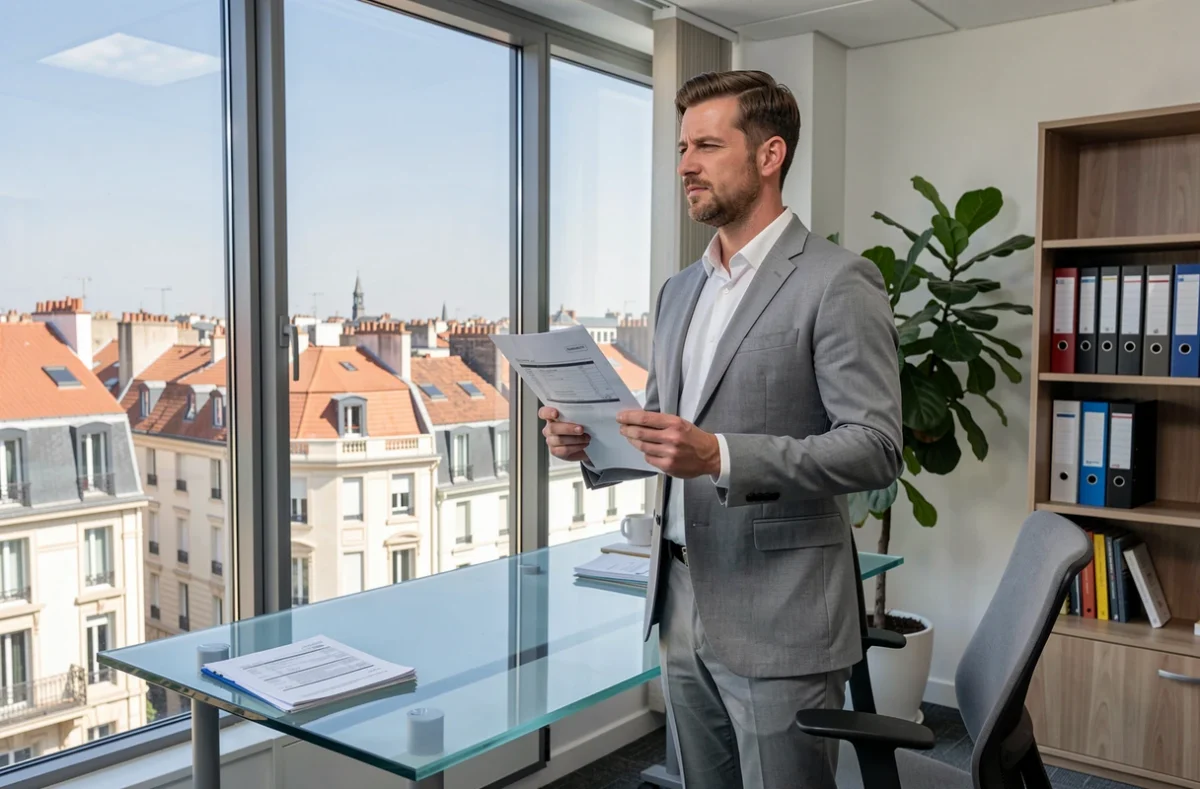 Chef d'entreprise dans un bureau privé d'un centre d'affaires à Béziers contemplant la ville pour sa domiciliation