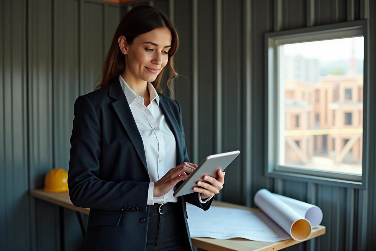 Cheffe de chantier configurant les réglages de marge sur une tablette dans un bureau de chantier mobile, avec des plans de construction et un casque de sécurité posés sur la table