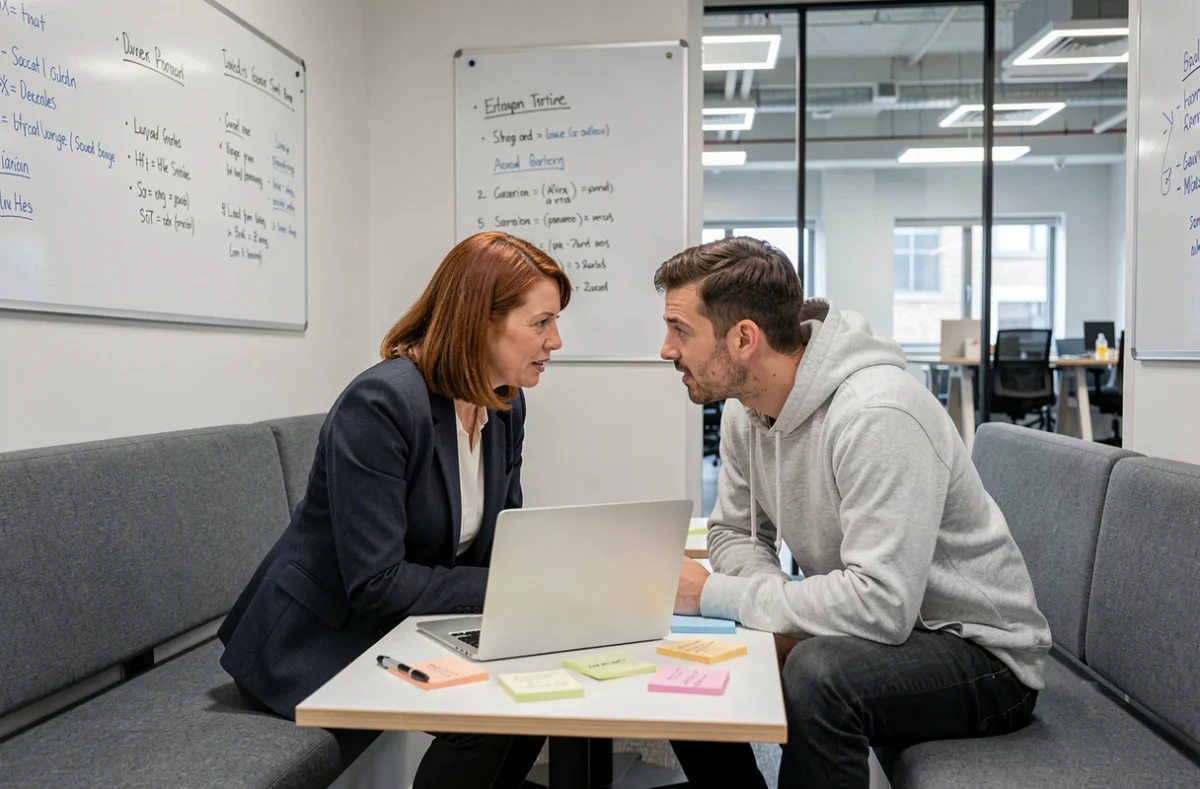 Deux professionnels en discussion collaborative dans un espace de réunion informel au sein d'un coworking à Carquefou