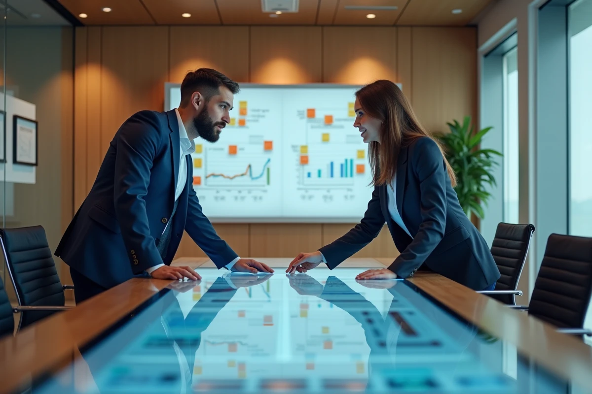Deux professionnels collaborant sur la structuration d'une entreprise B2B autour d'un écran interactif en salle de réunion