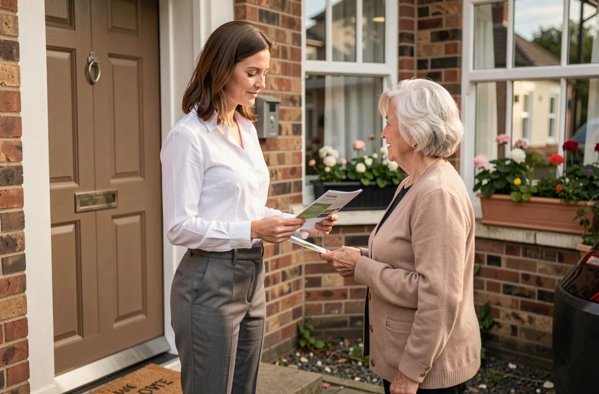 Commerciale porte-à-porte présentant une brochure à une cliente âgée sur le seuil de sa maison, technique de vente directe