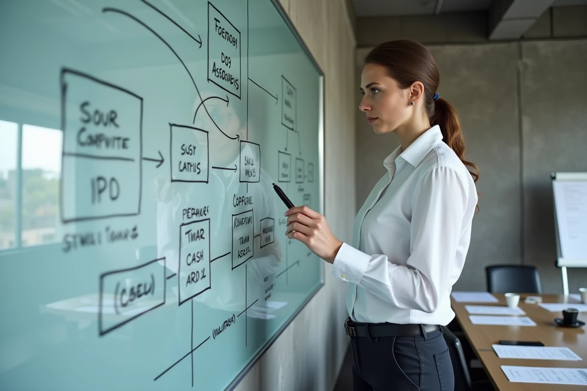 Comptable expliquant la structure juridique complexe d'une holding devant un tableau blanc avec schémas de flux de trésorerie