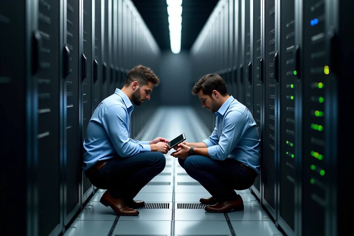 Deux techniciens IT configurant un serveur physique dans une allée de datacenter lors d'un déploiement logiciel sans interruption