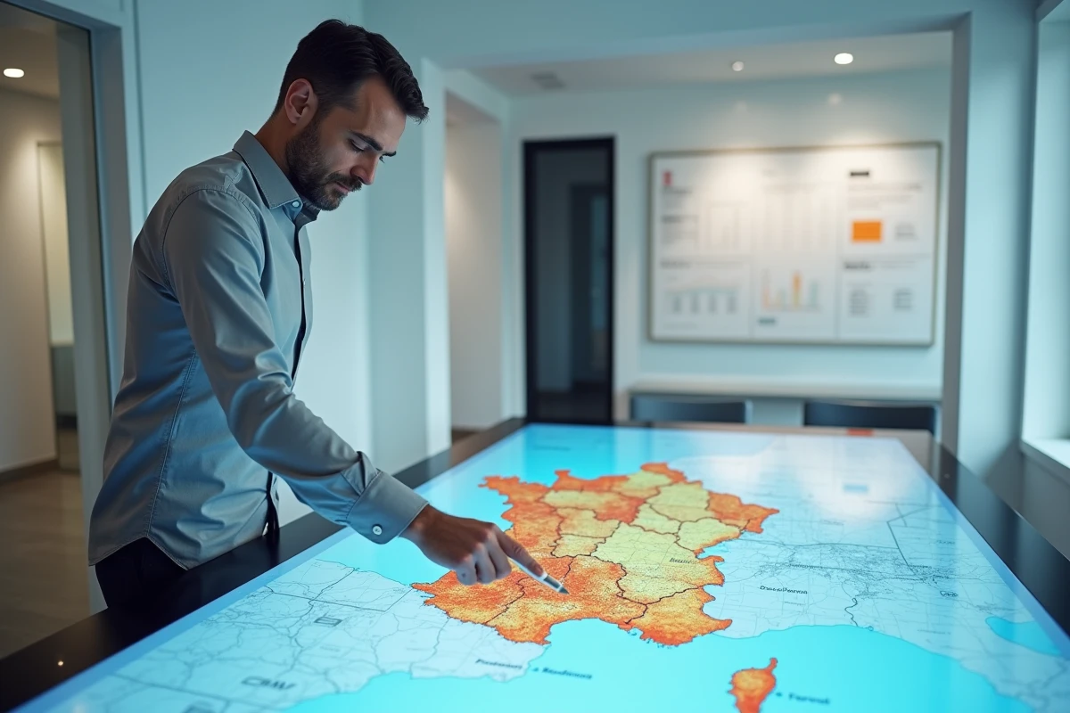 Consultant en développement territorial utilisant une table tactile interactive avec des cartes économiques régionales