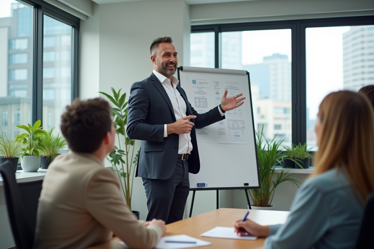 Consultant en formation avec tableau blanc dans une salle lumineuse