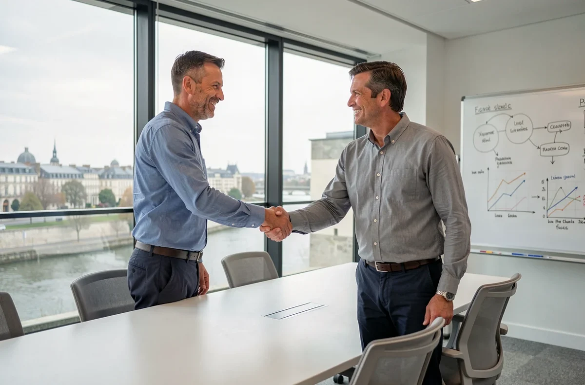 Consultant indépendant en portage salarial concluant un accord commercial dans une salle de réunion moderne à Angoulême