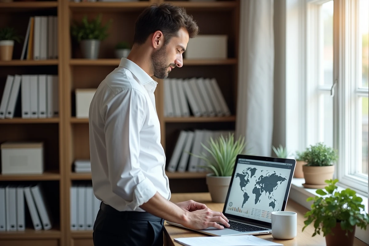 Consultant en développement économique consultant une plateforme d'indicateurs territoriaux sur ordinateur portable