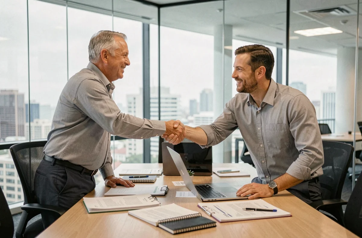 Consultant en portage salarial signant un accord professionnel lors d'une réunion en entreprise