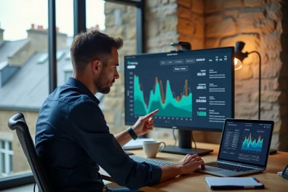 Consultant SEO à Rennes analysant des données de référencement naturel sur un écran d'ordinateur dans un bureau contemporain