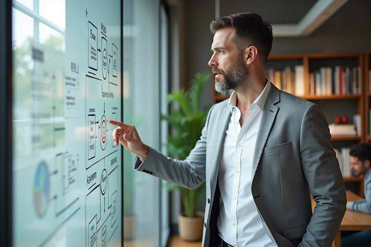 Consultant SEO Rennes présentant une stratégie de référencement sur un tableau blanc dans un espace de coworking