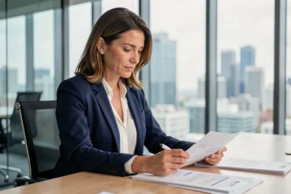 Consultante en conformité réglementaire analysant des documents dans un bureau moderne vitré avec vue sur la ville