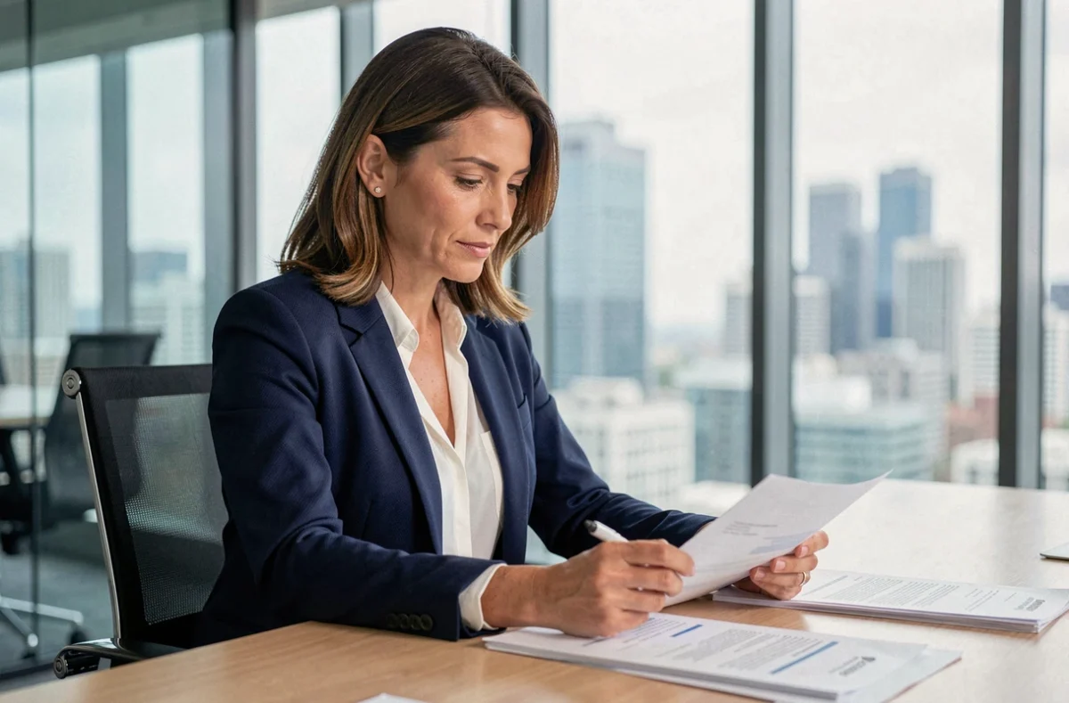Consultante en conformité réglementaire analysant des documents dans un bureau moderne vitré avec vue sur la ville