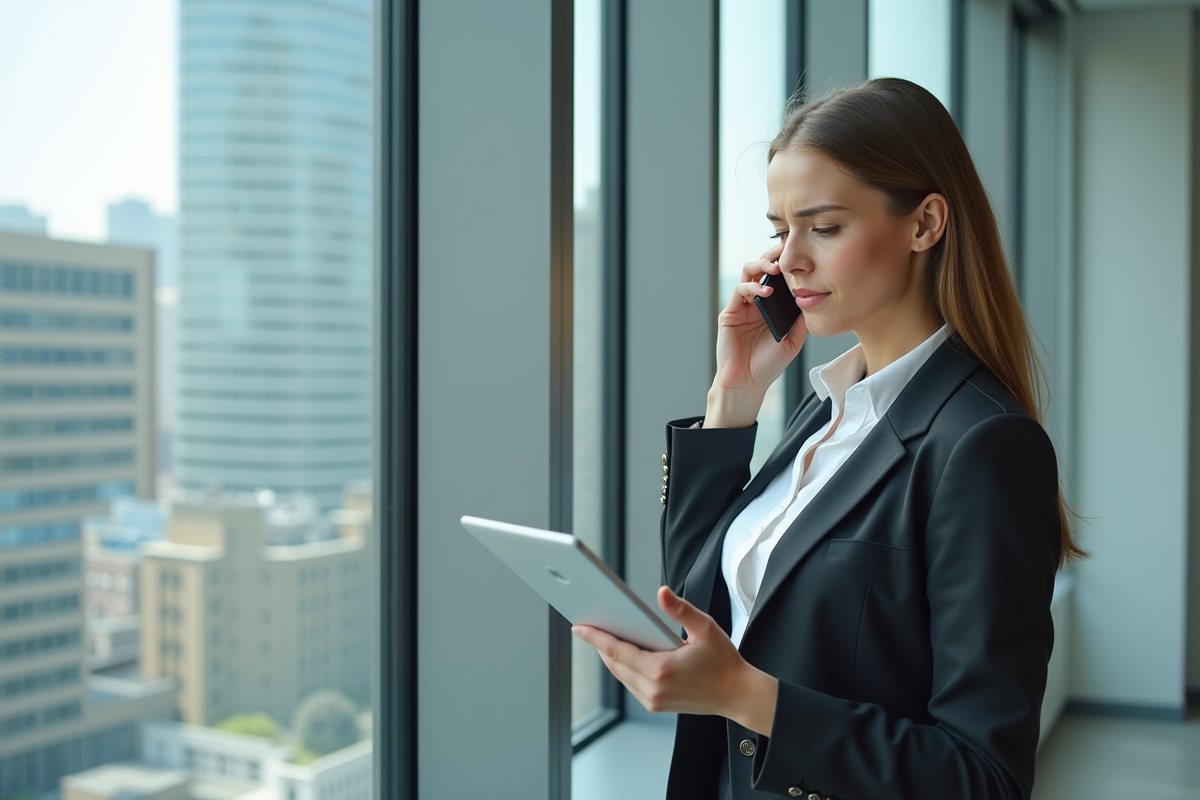 Jeune femme consultante en finance parle au téléphone près d une fenêtre