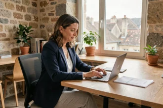 Consultante en portage salarial travaillant dans un espace de coworking à Angoulême avec architecture en pierre apparente