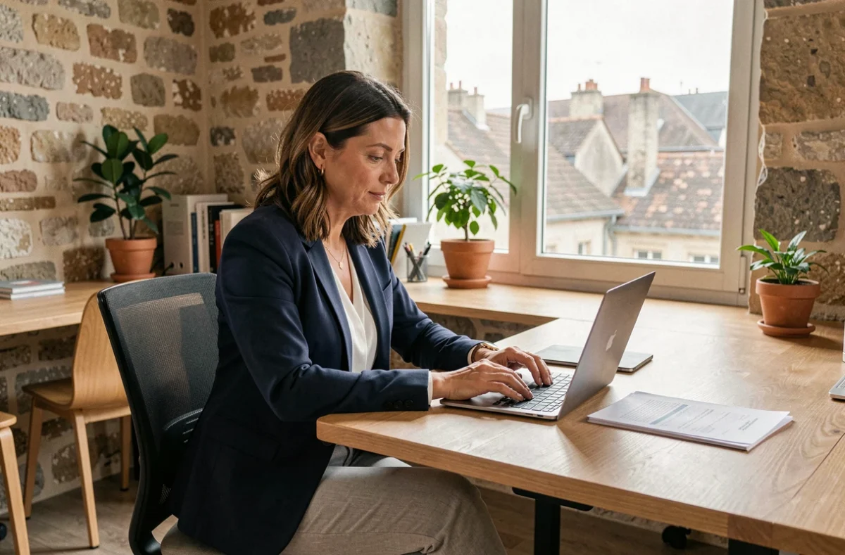 Consultante en portage salarial travaillant dans un espace de coworking à Angoulême avec architecture en pierre apparente