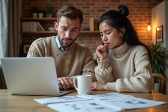 Couple de primo-accédants examinant des documents immobiliers à leur table de cuisine, illustrant les questions liées au premier achat immobilier