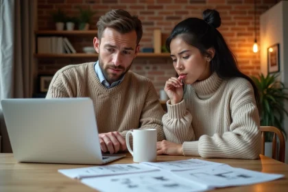 Couple de primo-accédants examinant des documents immobiliers à leur table de cuisine, illustrant les questions liées au premier achat immobilier