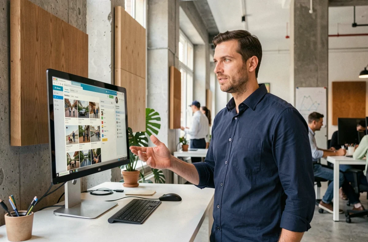 Créateur de contenu masculin analysant un tableau de bord de plateforme numérique dans un espace de coworking français