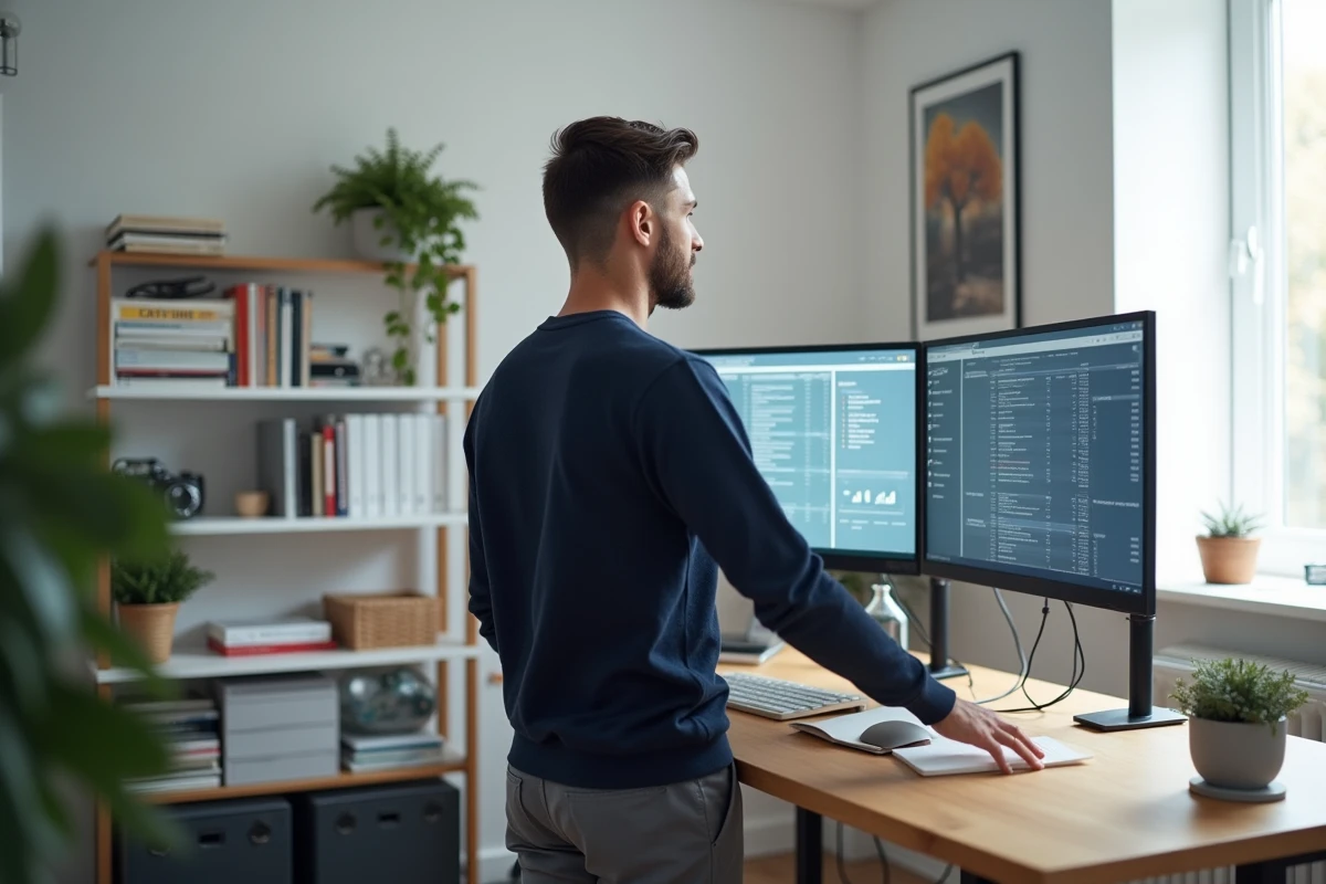 Créateur d'entreprise travaillant sur un tableau de bord administratif depuis son bureau à domicile