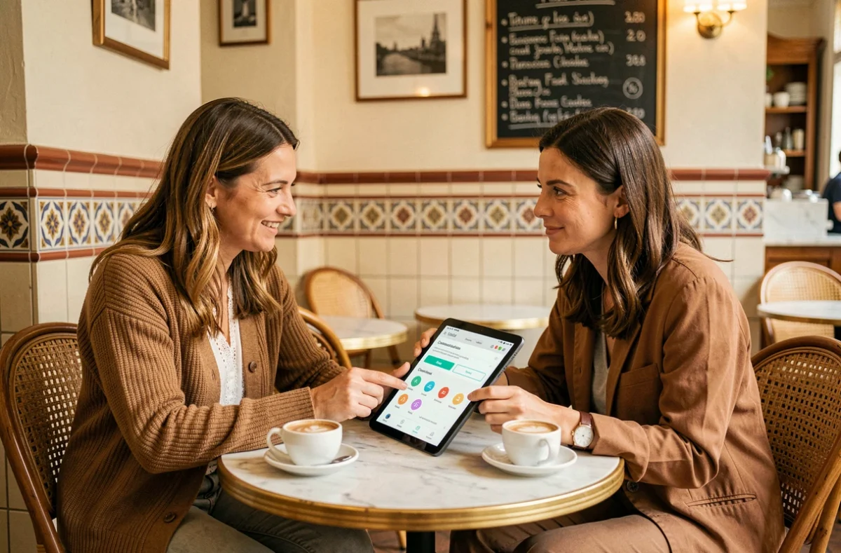 Deux créatrices francophones discutant de stratégie de monétisation sur une plateforme numérique dans un café bordelais