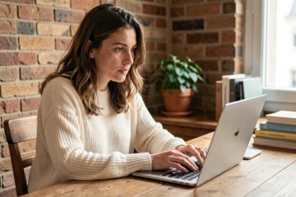 Créatrice française parcourant une plateforme de vente en ligne pour créateurs depuis son appartement parisien
