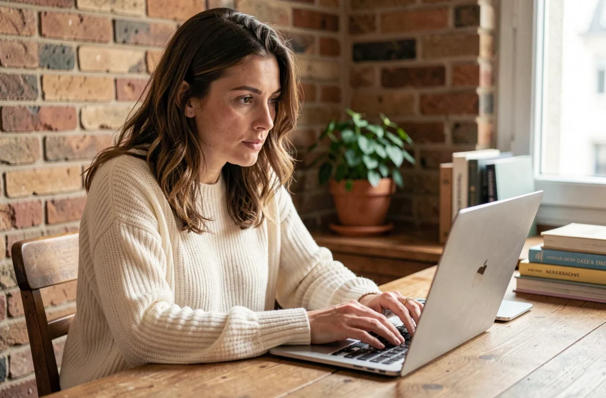 Créatrice française parcourant une plateforme de vente en ligne pour créateurs depuis son appartement parisien