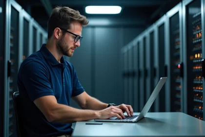 Technicien informatique consultant une checklist de déploiement de logiciel dans une salle de serveurs professionnelle