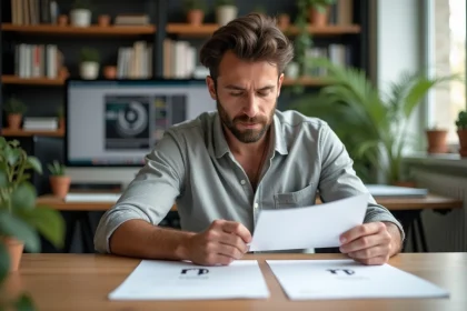 Designer comparant deux versions d'un logo Leroy Merlin imprimées sur papier mat dans un studio graphique moderne