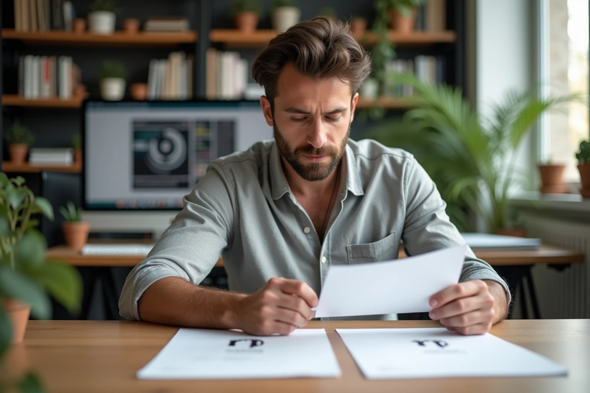 Designer comparant deux versions d'un logo Leroy Merlin imprimées sur papier mat dans un studio graphique moderne