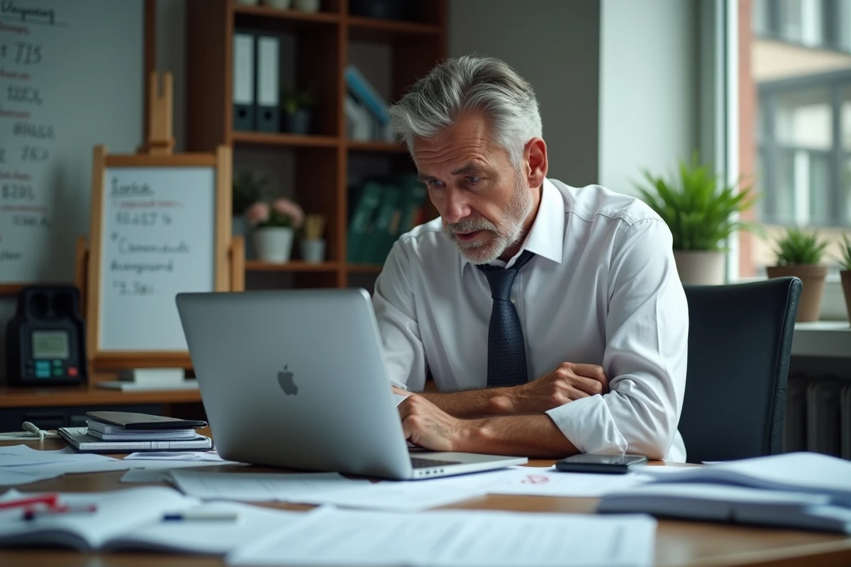Dirigeant stress&eacute; face aux erreurs d'assurance entreprise, entour&eacute; de documents et de notes sur son bureau