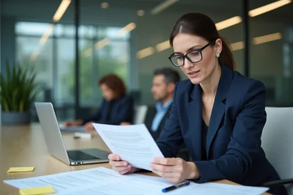 Dirigeante d'entreprise analysant attentivement un contrat d'assurance professionnelle dans une salle de r&eacute;union moderne