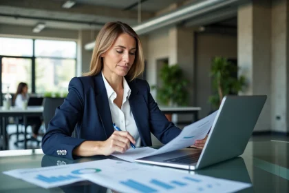Femme dirigeante d'entreprise B2B analysant une stratégie commerciale structurée sur son bureau en open space moderne