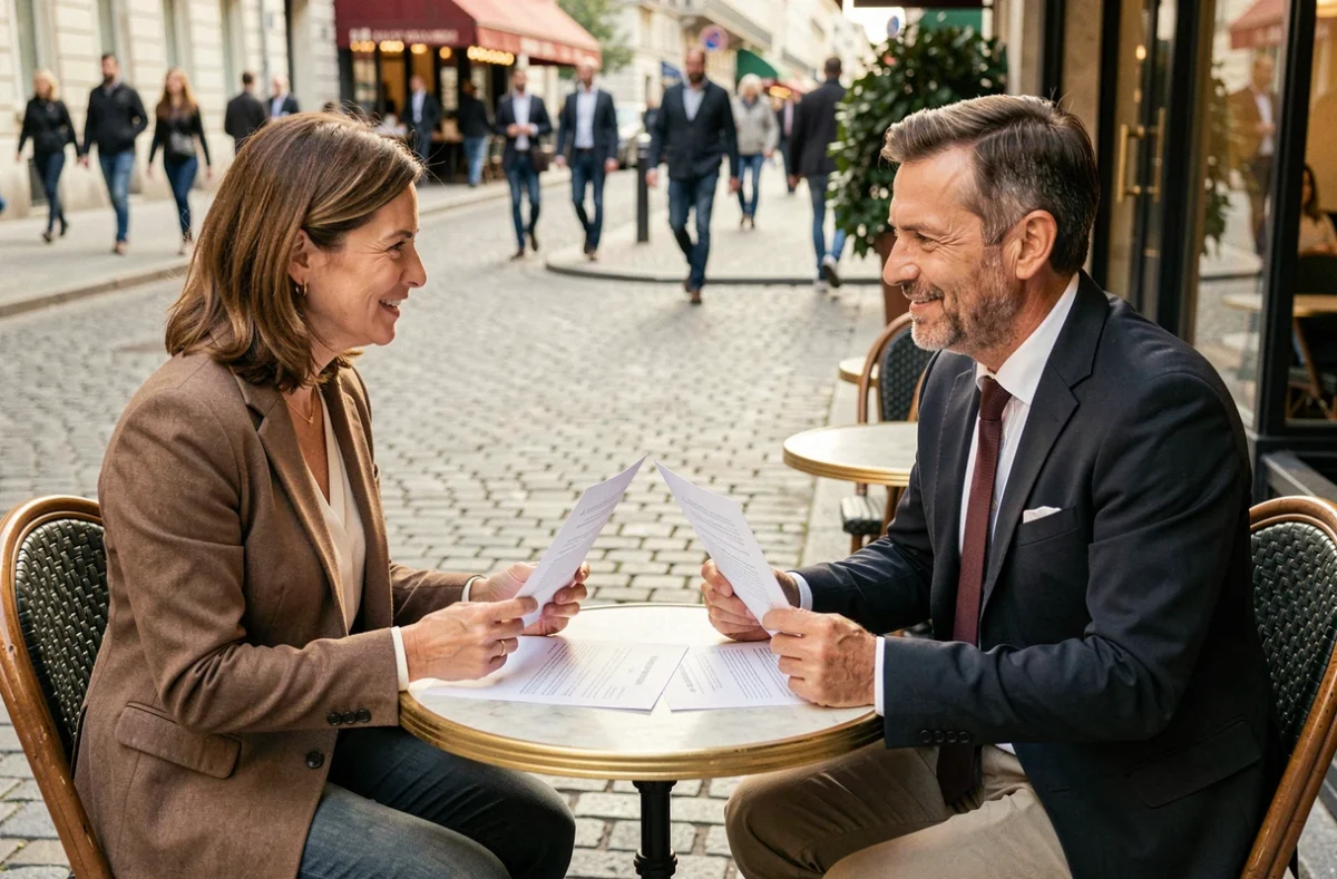 Deux professionnels discutant des modalités de cumul entre portage salarial et auto-entrepreneuriat autour de contrats en terrasse urbaine