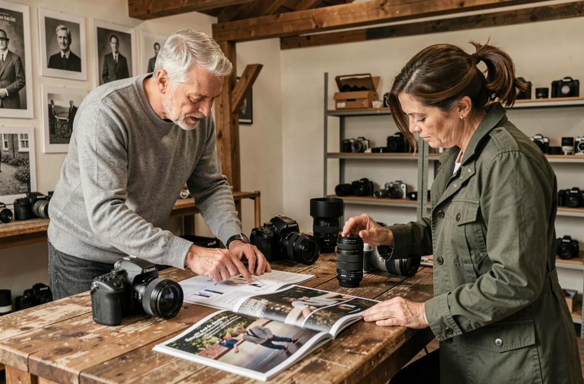 Deux photographes professionnels discutant de stratégies et d'analyses autour de reflex et de magazines spécialisés dans un atelier photo