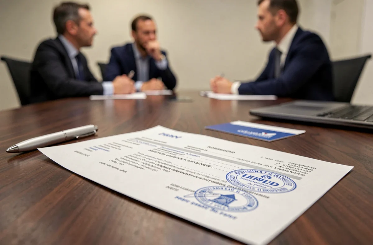 Documents officiels de domiciliation d'entreprise sur un bureau en bois dans un centre d'affaires à Béziers