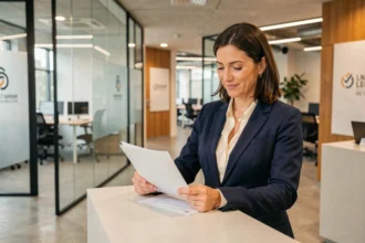 Femme d'affaires à l'accueil d'un centre d'affaires moderne à Béziers pour domicilier son entreprise