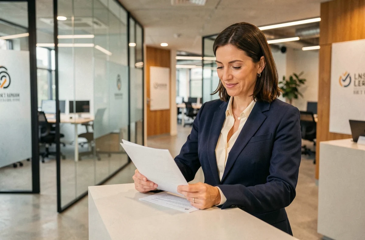 Femme d'affaires à l'accueil d'un centre d'affaires moderne à Béziers pour domicilier son entreprise