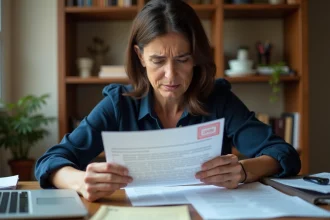 Femme stressée tenant un dossier CNPAS refusé avec tampon rouge sur son bureau administratif à domicile