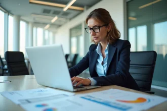 Élue du personnel analysant des budgets et outils de gestion CSE sur documents imprimés et ordinateur portable en salle de réunion