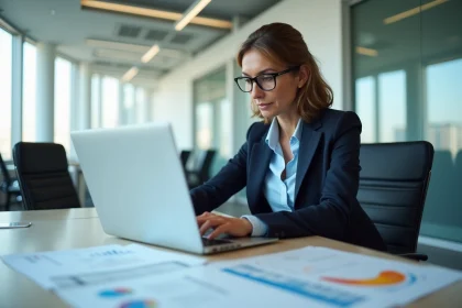 Élue du personnel analysant des budgets et outils de gestion CSE sur documents imprimés et ordinateur portable en salle de réunion