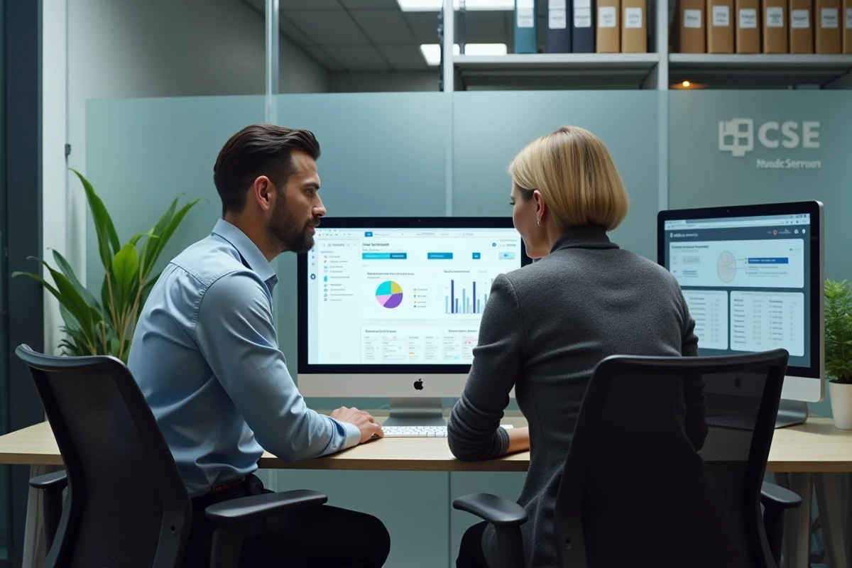Deux élus du personnel collaborant sur un logiciel de gestion CSE pour optimiser les budgets et outils à disposition