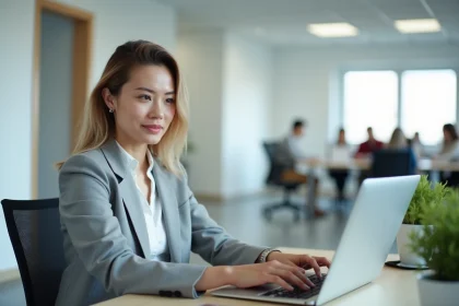 Employée consultant le portail RH Alis BNPP sur un ordinateur portable dans un bureau moderne