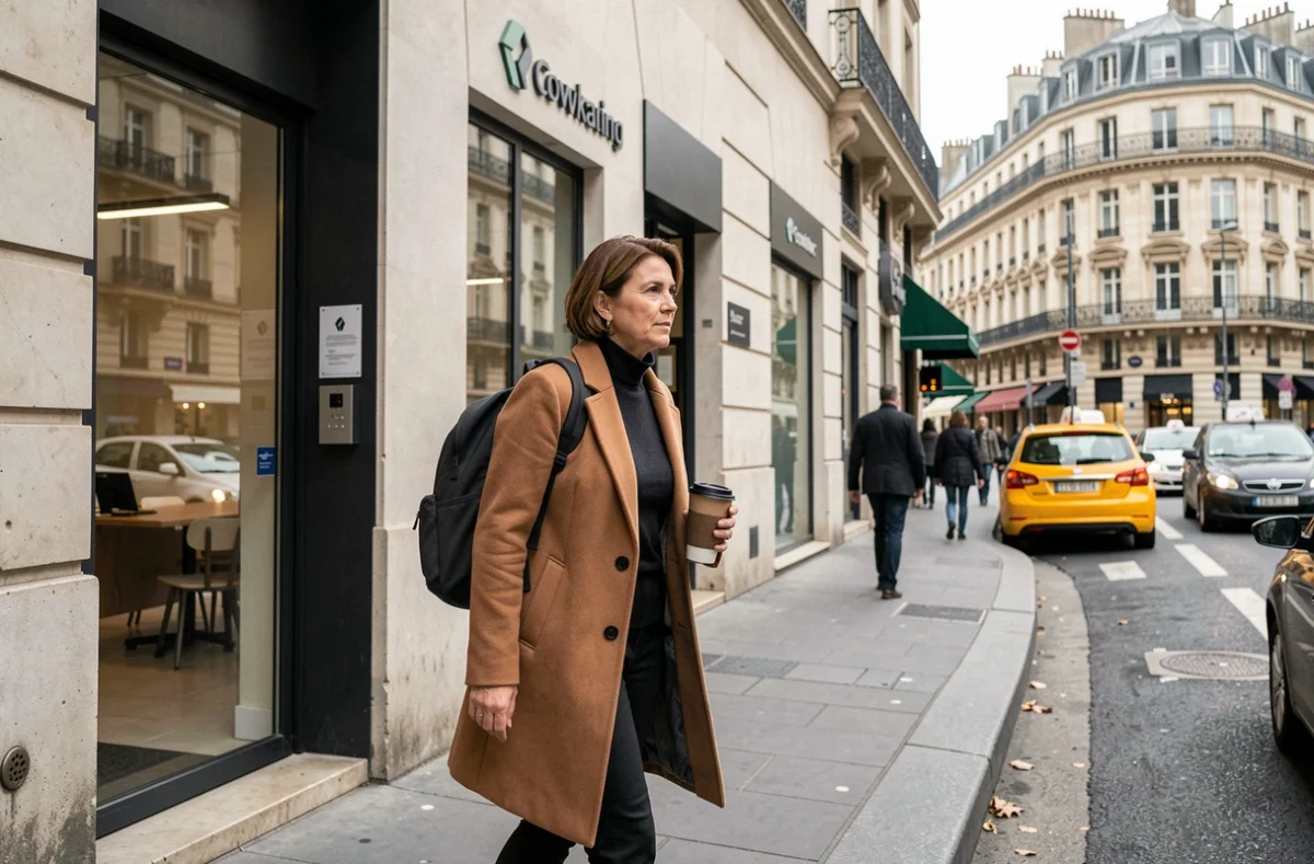 Femme arrivant à l'entrée d'un espace de coworking dans le quartier de la gare Saint-Lazare à Paris