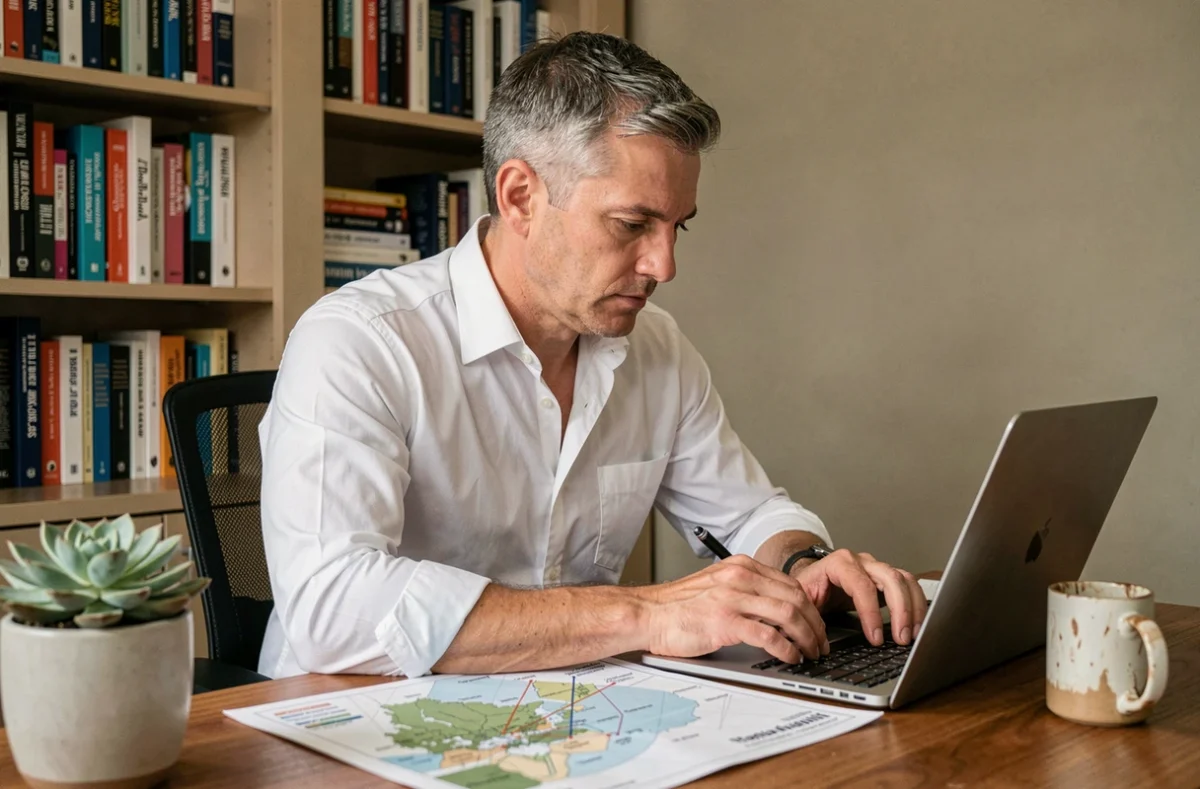 Entrepreneur concentré analysant une carte concurrentielle et l'environnement micro de son marché dans un bureau à domicile