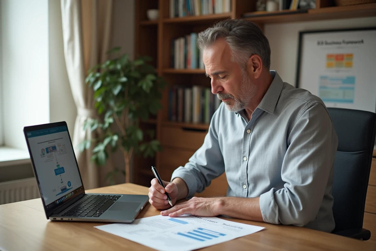 Chef d'entreprise B2B travaillant seul dans son bureau à domicile sur la structuration de son activité professionnelle